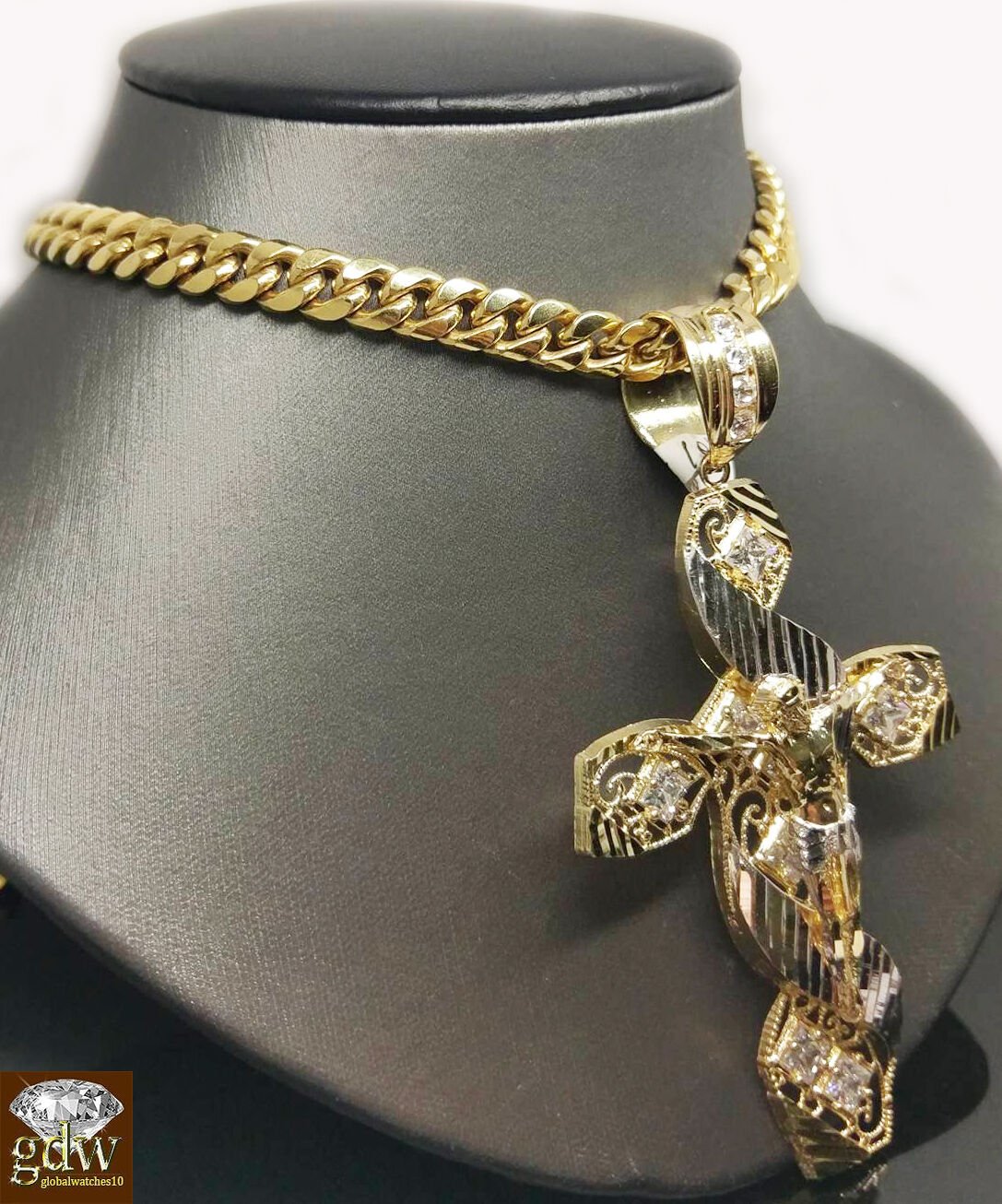 New 10k Yellow White Gold Jesus Crucifix Cross Pendent Diamond Cut - GoldenlinQ